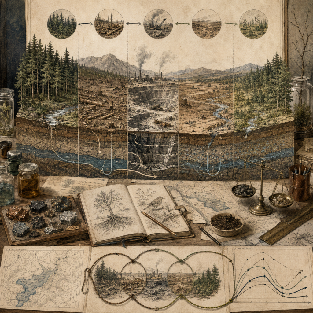 Archival environmental modeling workspace with forest loss, mining, resource extraction, water layers, regeneration zones, ecological samples, maps, balances, notebooks, and trend diagrams representing resource depletion and renewal.