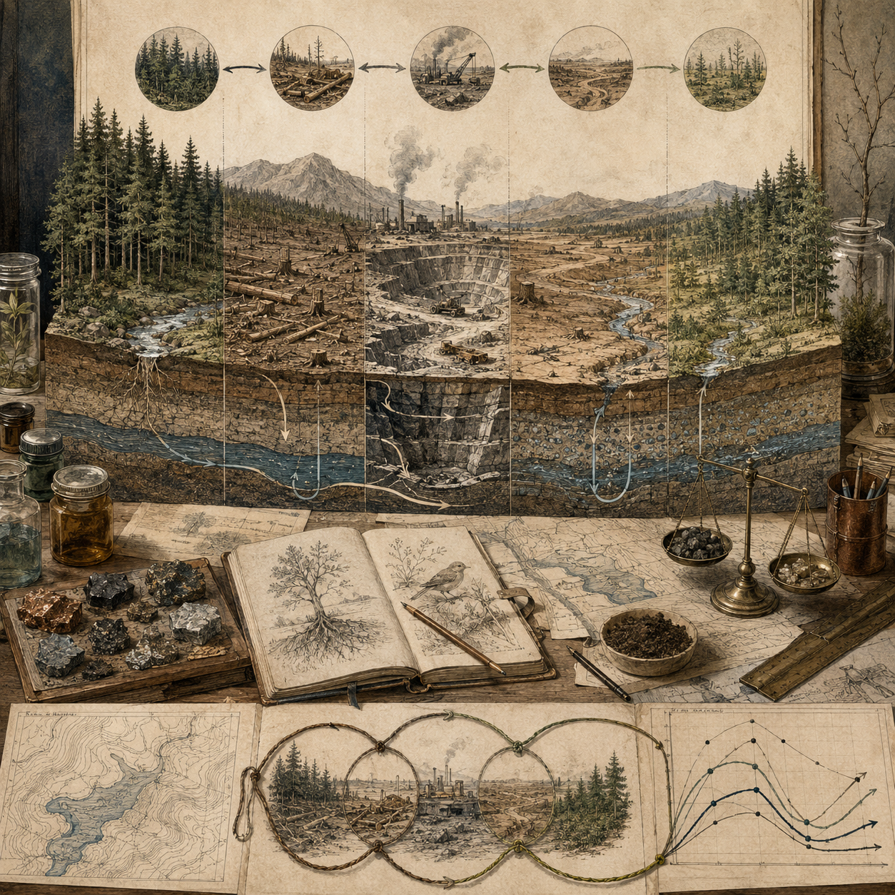 Archival environmental modeling workspace with forest loss, mining, resource extraction, water layers, regeneration zones, ecological samples, maps, balances, notebooks, and trend diagrams representing resource depletion and renewal.