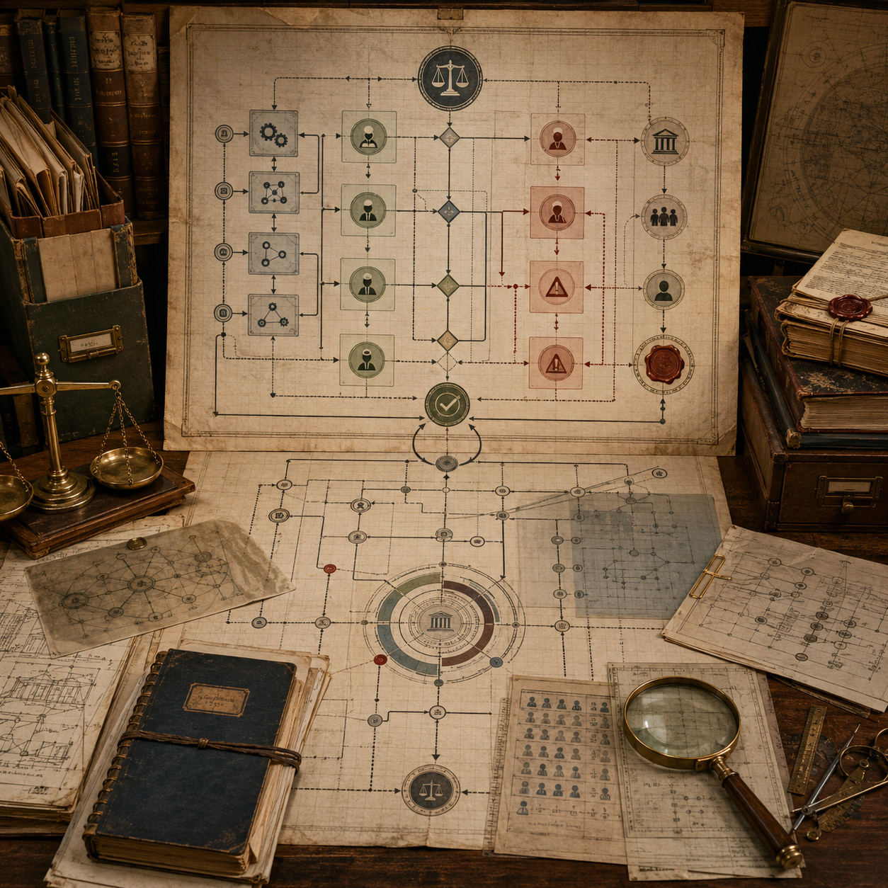 A restrained scholarly illustration of a vintage governance workspace with decision-delegation pathways, oversight checkpoints, institutional symbols, warning panels, balance scale, archival records, notebooks, and analytical tools representing responsible automation.