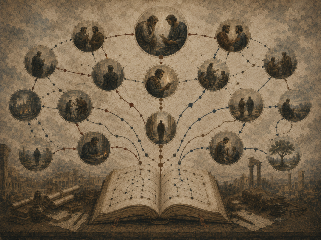 Editorial illustration of an open manuscript branching into connected scenes of conflict, recognition, revelation, reconciliation, and transformation.
