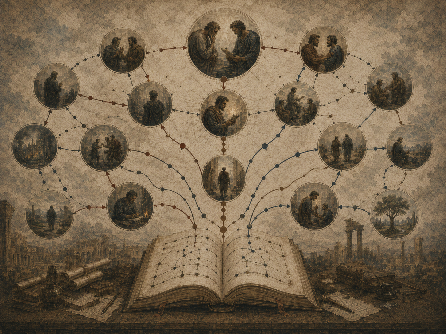 Editorial illustration of an open manuscript branching into connected scenes of conflict, recognition, revelation, reconciliation, and transformation.
