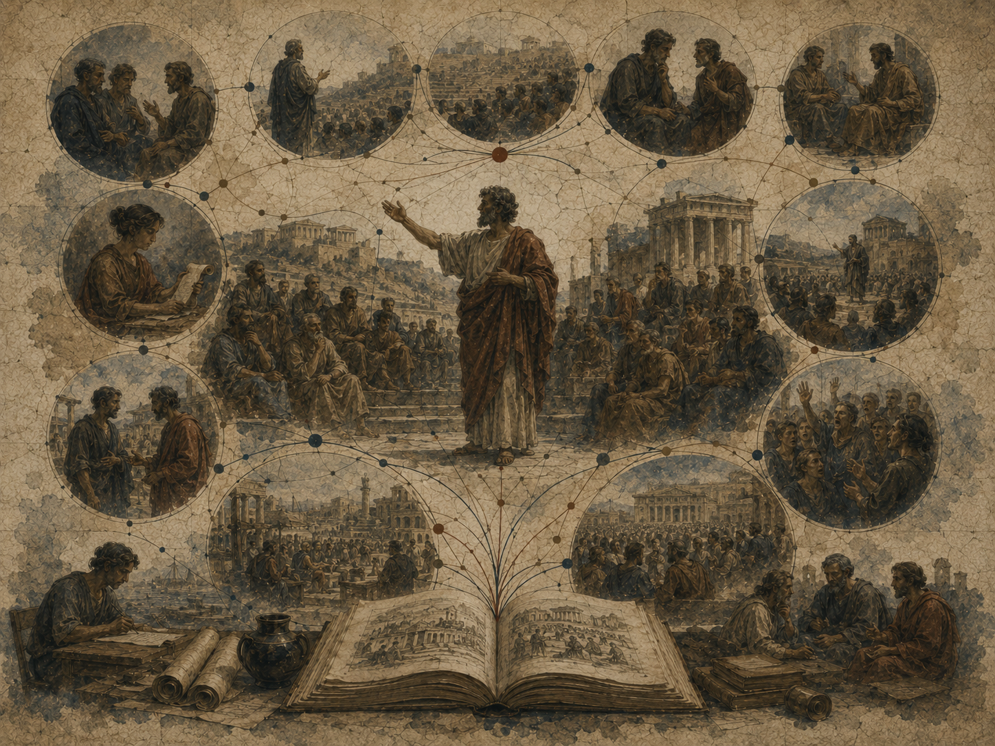 Editorial illustration of a classical orator addressing a public assembly, surrounded by civic debate scenes, listeners, manuscripts, and symbolic networks of persuasion.