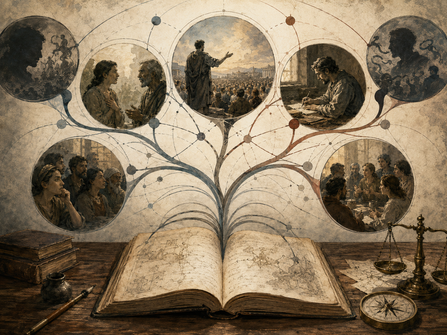 Editorial illustration of an open manuscript branching into scenes of public speech, dialogue, writing, audience response, and ethical judgment.