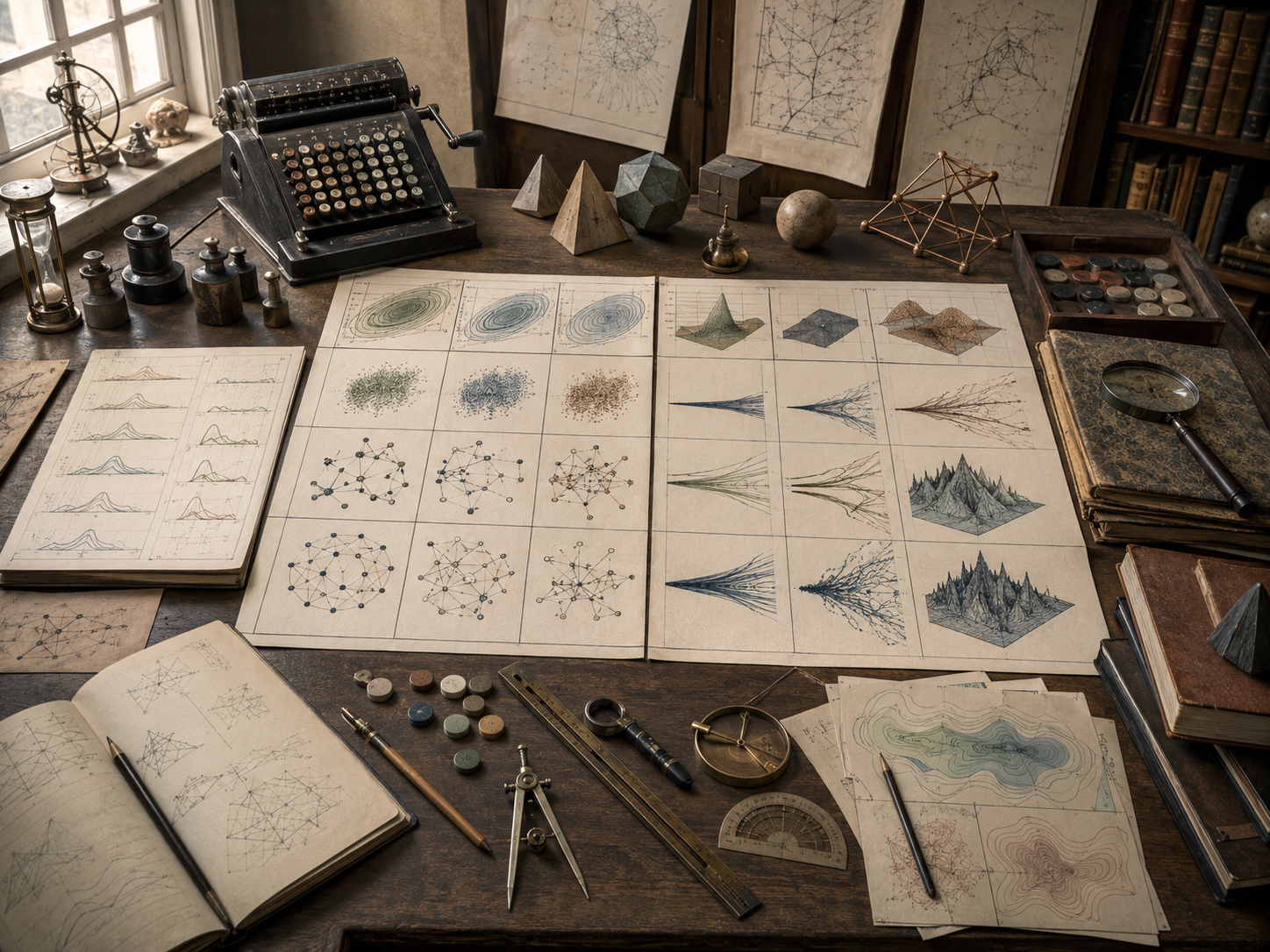 Editorial illustration of a scholarly modeling desk comparing robust and fragile model behaviors through repeated diagrams, uncertainty patterns, network structures, and response surfaces.