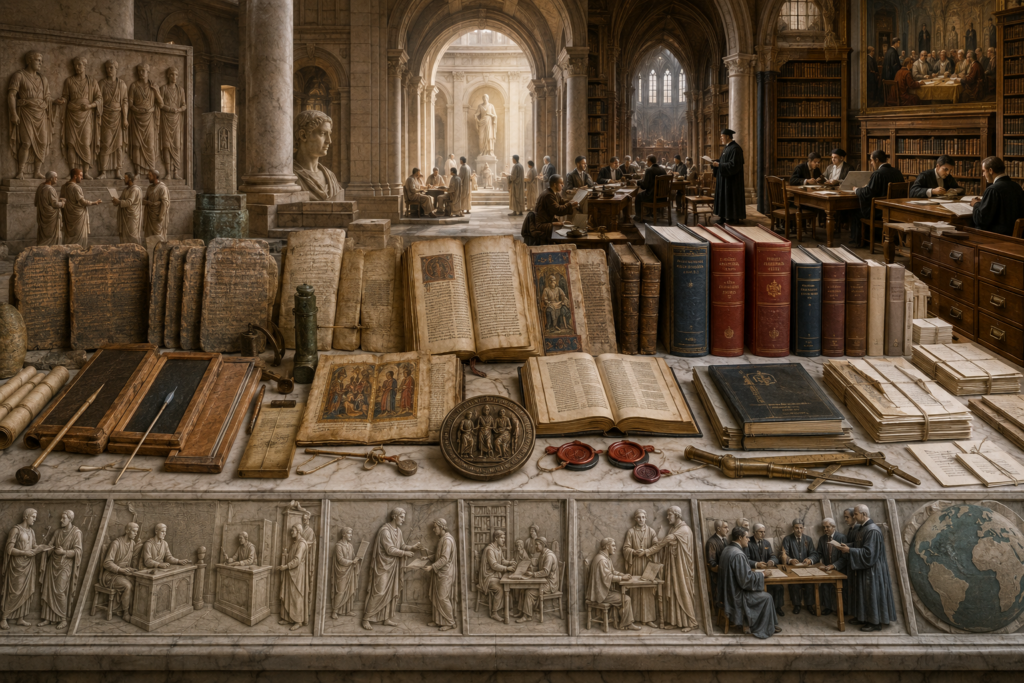 Editorial illustration of Roman law and the civil law tradition shown through Roman tablets, codices, juristic manuscripts, civil codes, archival records, library interiors, and institutional legal materials representing codification, legal memory, and public authority.