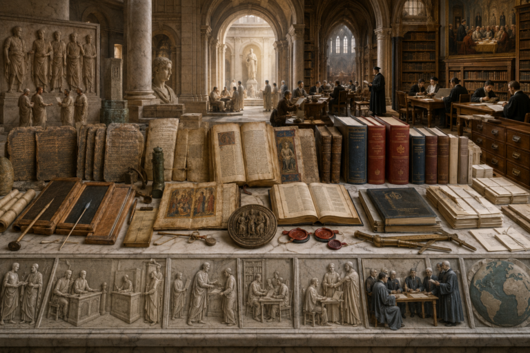Editorial illustration of Roman law and the civil law tradition shown through Roman tablets, codices, juristic manuscripts, civil codes, archival records, library interiors, and institutional legal materials representing codification, legal memory, and public authority.