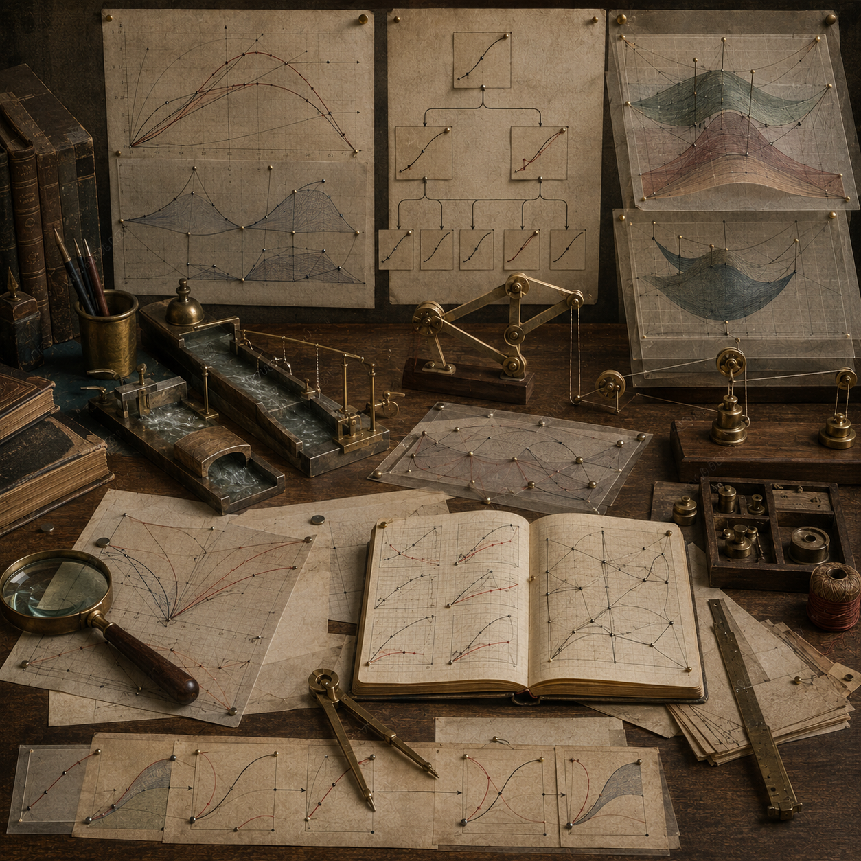 Vintage mathematical modeling workspace with layered curve diagrams, branching rule structures, surface models, water channels, mechanical linkages, notebooks, and drafting tools representing differentiation rules and model structure.