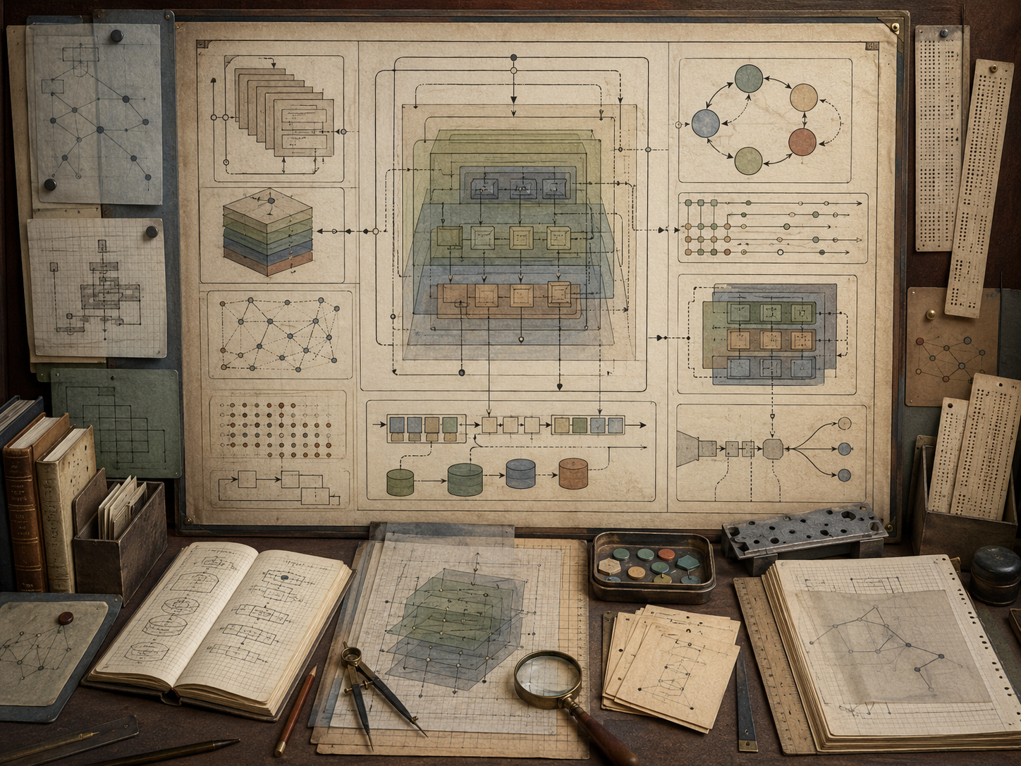 A restrained scholarly illustration of a vintage research workspace with layered runtime diagrams, execution environments, state flows, memory structures, process networks, notebooks, punched cards, and archival tools representing computational context.