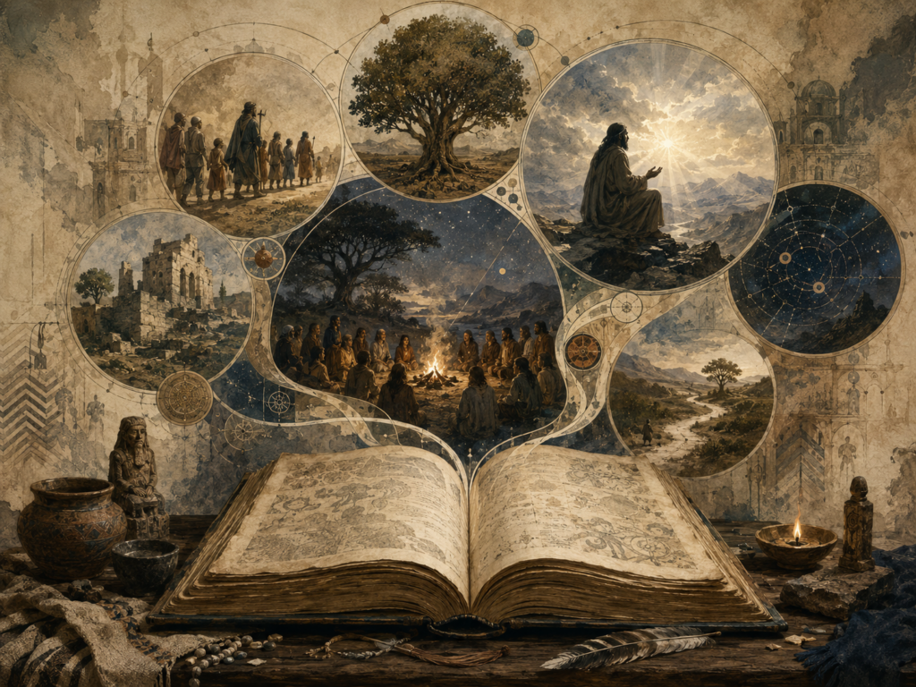 Editorial illustration of an open sacred codex with branching circular scenes of ancestral procession, ritual gathering, revelatory encounter, ruins, celestial patterns, and a path toward renewal.