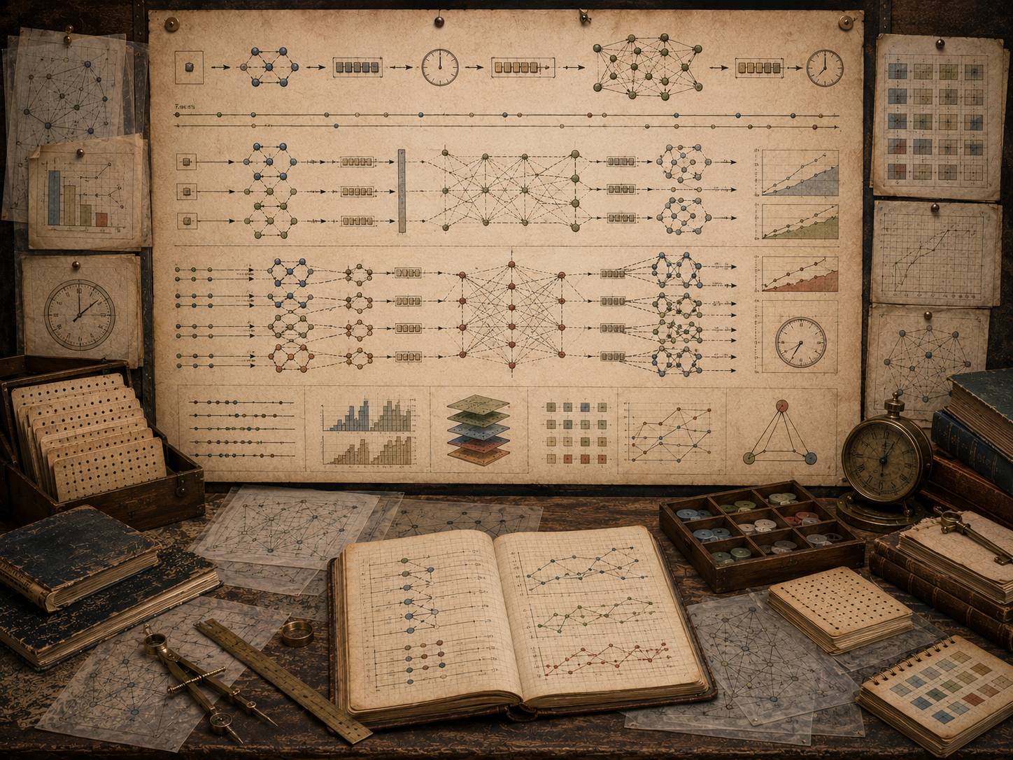 A restrained scholarly illustration of a vintage engineering workspace with network diagrams, timing paths, latency indicators, scaling structures, performance charts, notebooks, punched cards, and archival tools representing scalability and system performance.