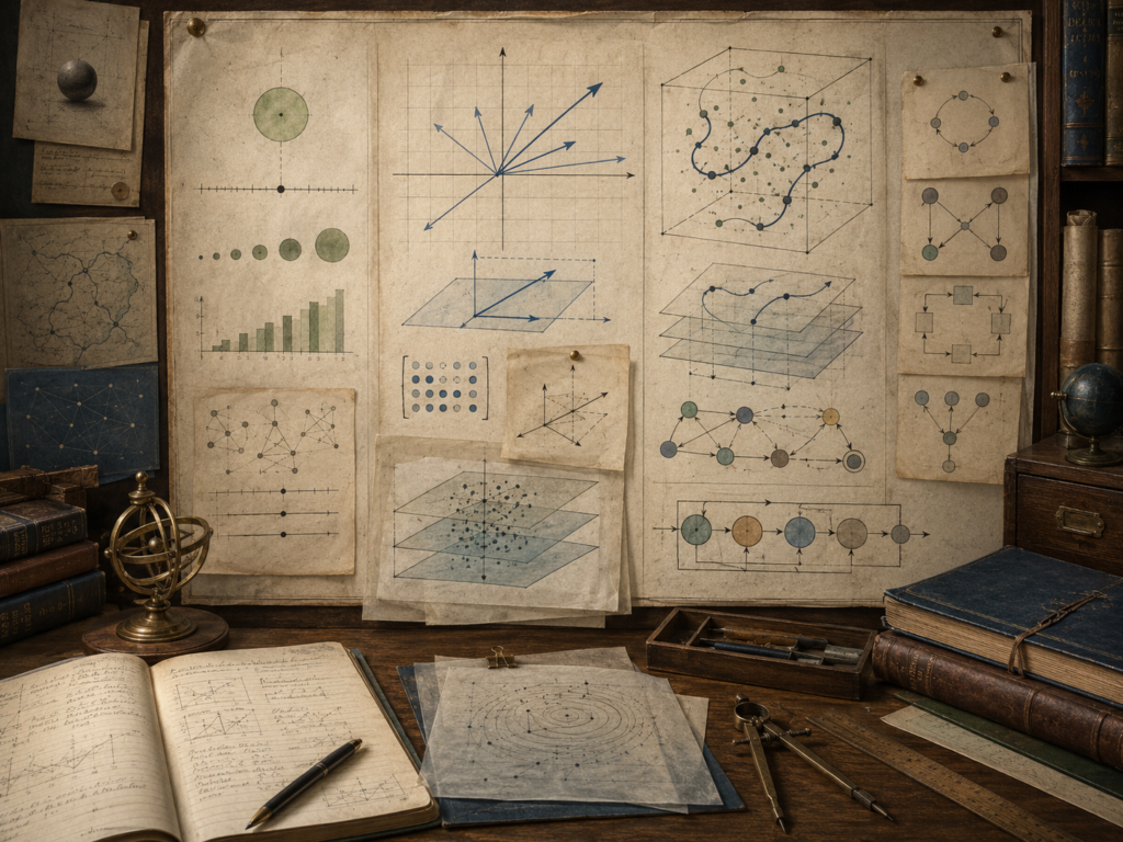 Vintage mathematical workspace with scalar diagrams, vector arrows, state-space trajectories, layered system diagrams, notebooks, and drafting tools.