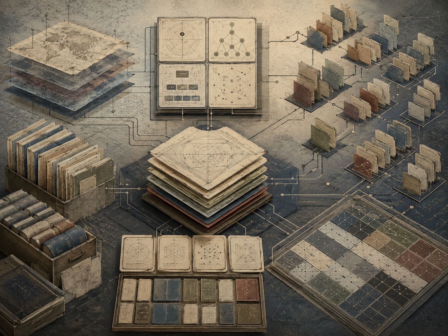 Abstract institutional illustration of layered framework documents, archival folders, modular knowledge cards, distributed content clusters, and connected pathways representing scalable knowledge systems.