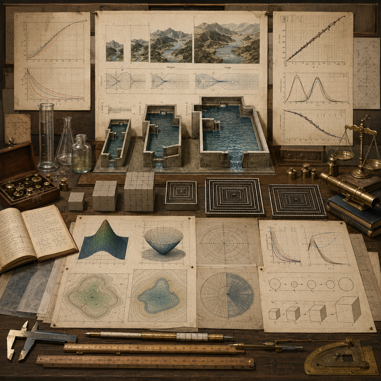 Vintage engineering workspace with scale models, measurement tools, reservoir systems, comparative diagrams, surface plots, contour maps, notebooks, and balances representing scaling, units, and nondimensionalization.