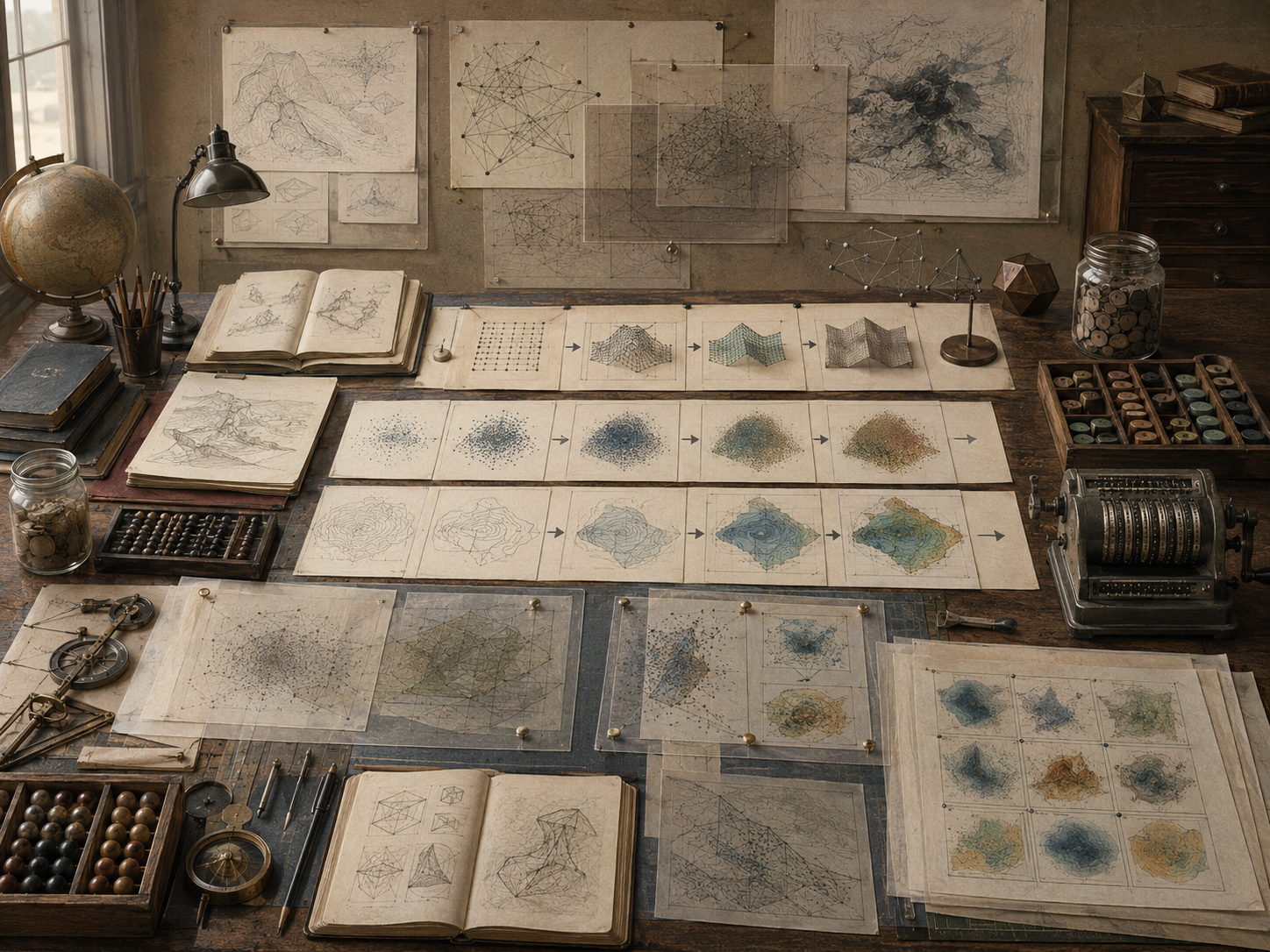 Editorial illustration of a scholarly research desk with layered model diagrams, simulation sequences, mesh surfaces, uncertainty clouds, contour maps, and analog computing tools.