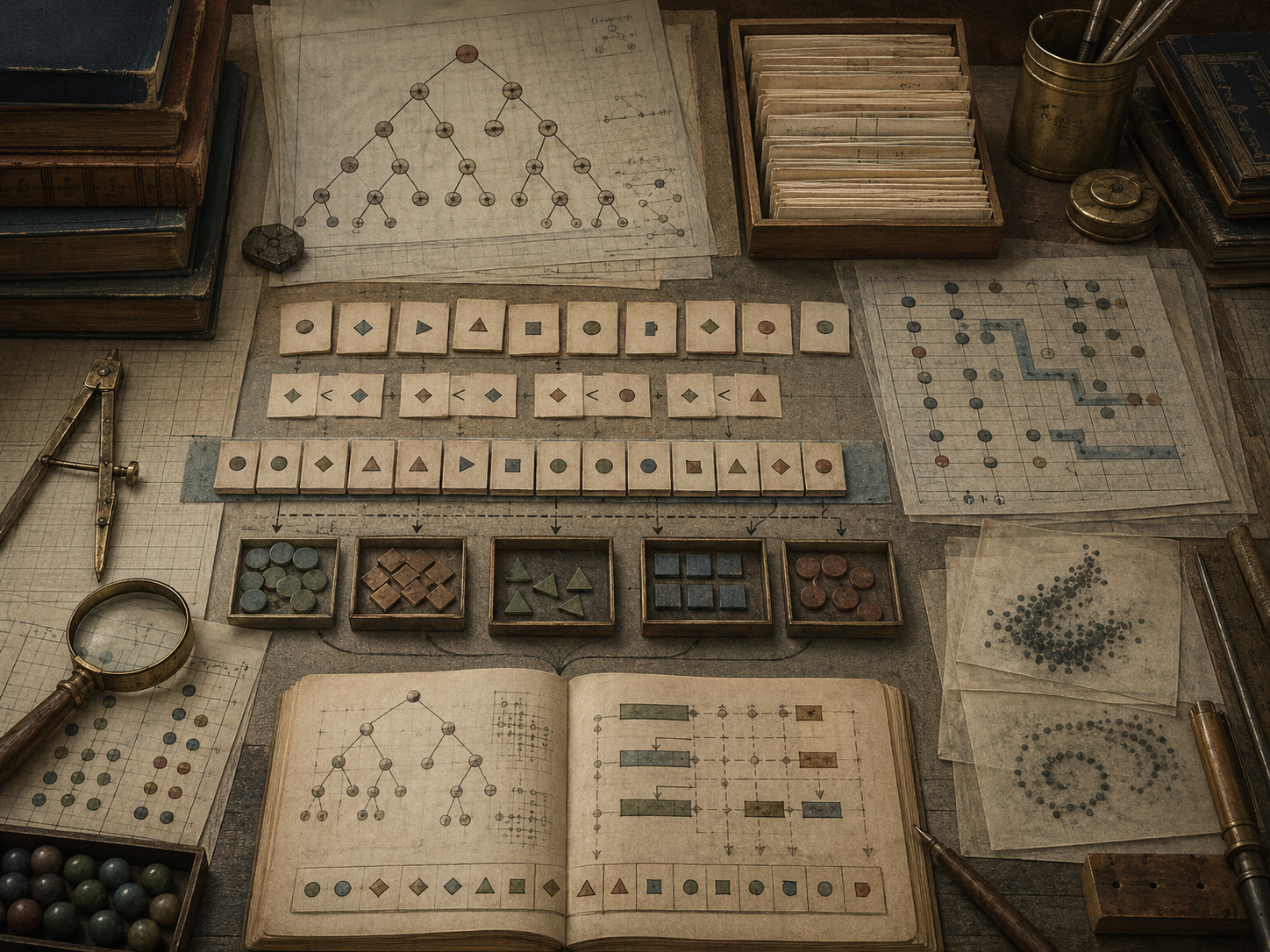 A restrained scholarly illustration of a vintage research desk with ordered cards, sorted tokens, search pathways, comparison diagrams, notebooks, rulers, archival papers, and computational sketches representing search and sorting algorithms.