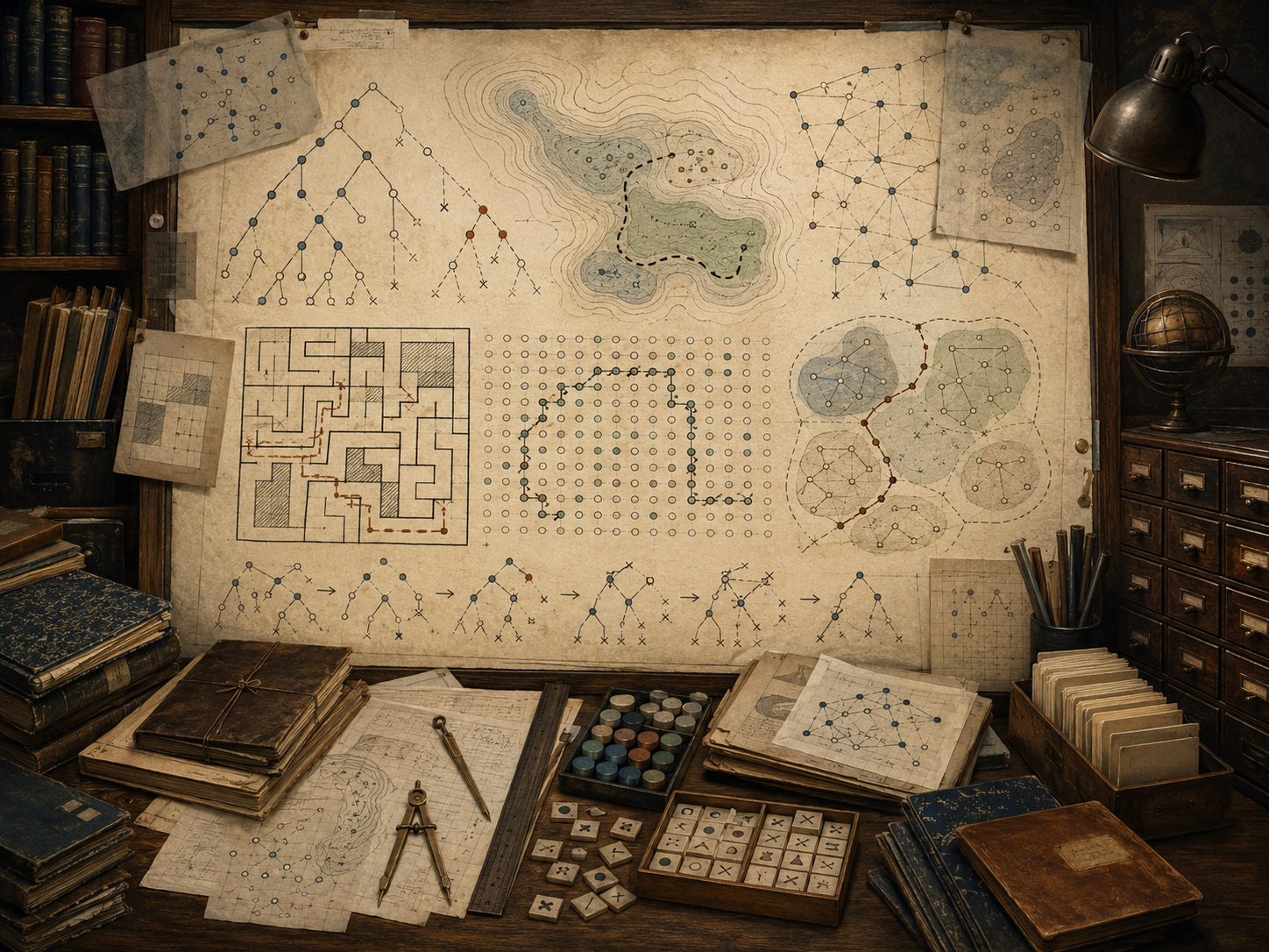 A restrained scholarly illustration of a vintage research workspace with maze maps, branching trees, graph networks, contour regions, grid paths, search markers, archival cards, notebooks, and drafting tools representing computational exploration.