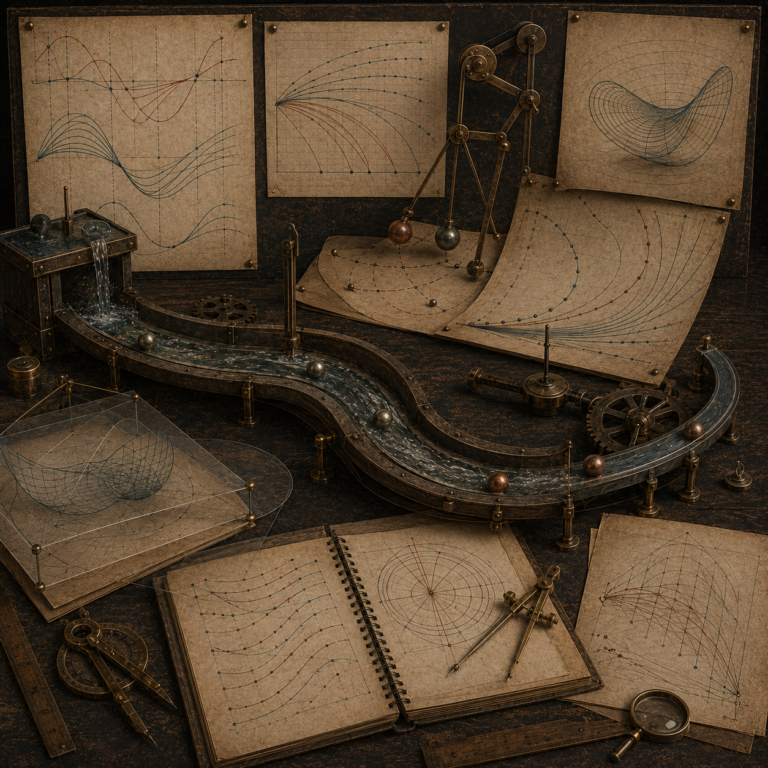 Vintage systems modeling workspace with curved tracks, moving spheres, pendulum mechanisms, layered curve diagrams, surface models, notebooks, and drafting tools representing second derivatives, curvature, and acceleration.