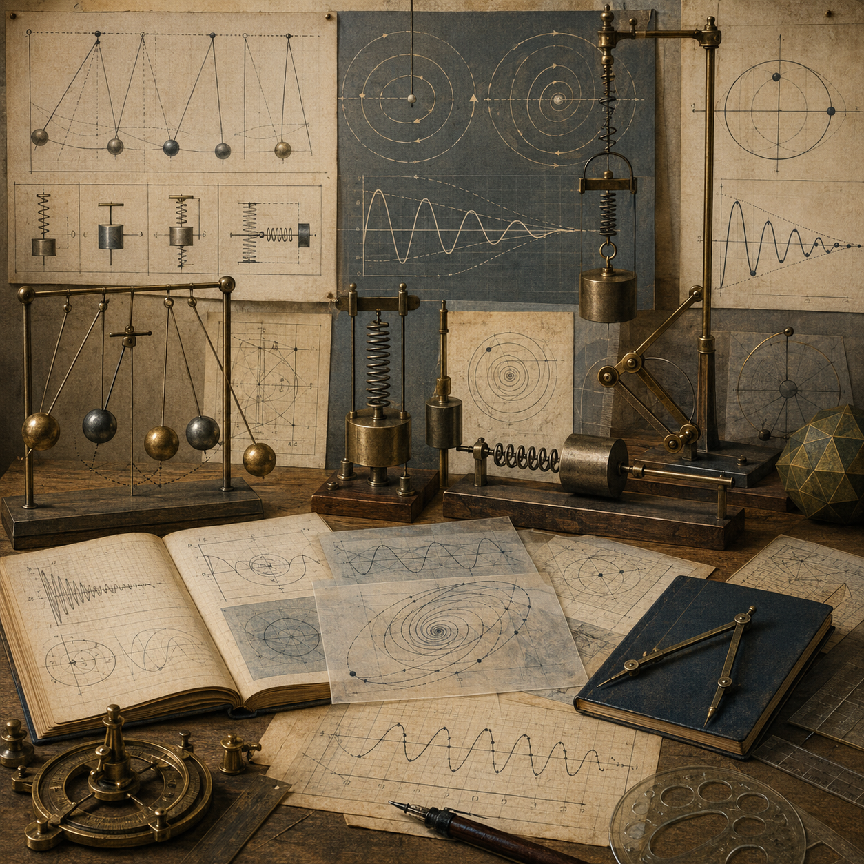 Editorial mathematical illustration of second-order equations and oscillatory systems in systems modeling, showing acceleration curves, damped oscillations, restoring forces, phase trajectories, resonance patterns, notebooks, overlays, grids, and computational modeling materials.