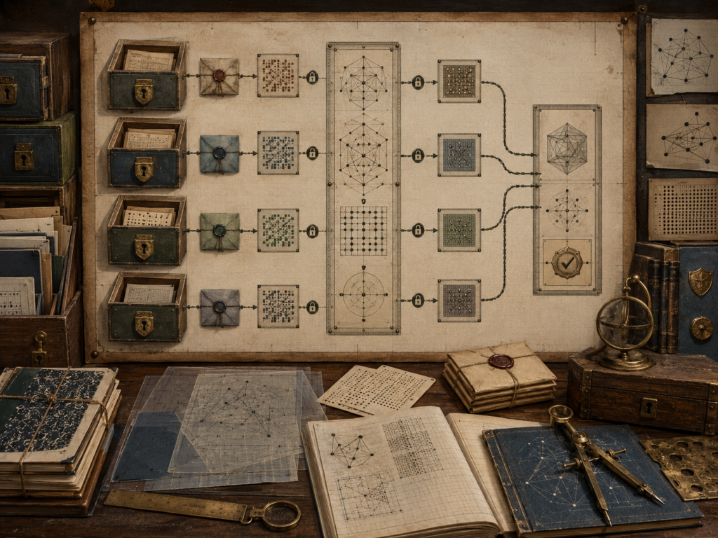 Scholarly editorial illustration of secure computation and privacy-preserving algorithms, showing encrypted data partitions, privacy budgets, secure multiparty computation diagrams, federated learning nodes, differential privacy noise, secure aggregation records, audit trails, and governance review materials.
