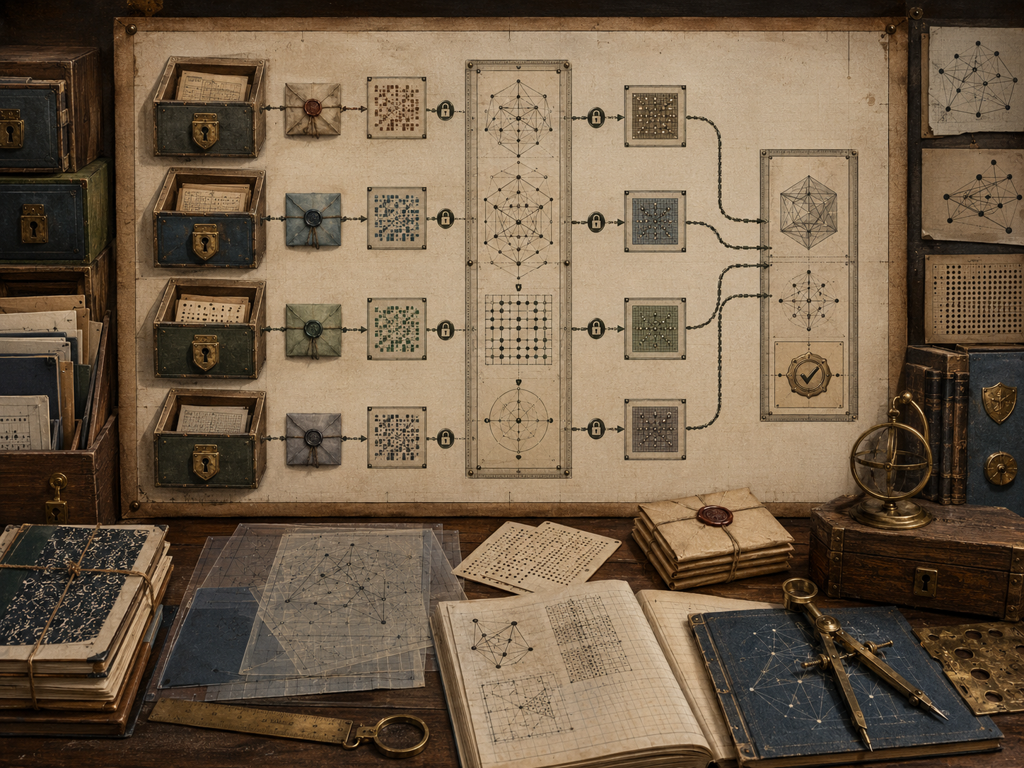 Scholarly editorial illustration of secure computation and privacy-preserving algorithms, showing encrypted data partitions, privacy budgets, secure multiparty computation diagrams, federated learning nodes, differential privacy noise, secure aggregation records, audit trails, and governance review materials.