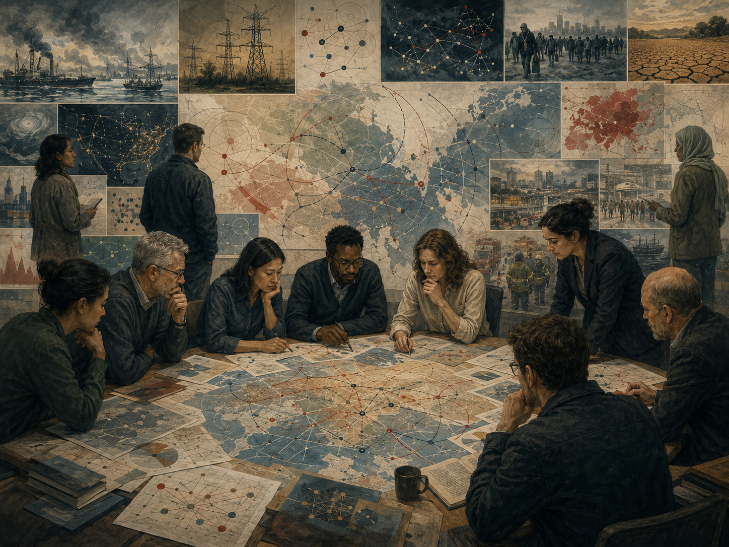 A foresight group examines hybrid security risks across infrastructure, climate stress, migration, energy systems, cyber networks, and geopolitical instability.