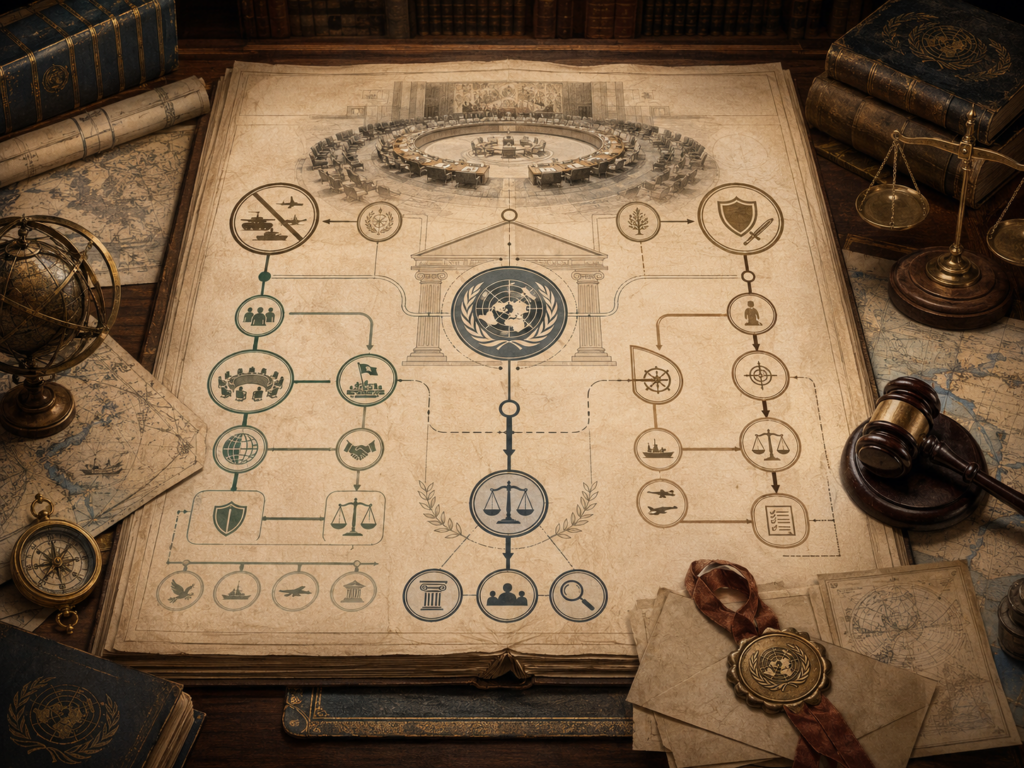 Scholarly illustration of a parchment legal diagram with UN Charter motifs, a council chamber, scales, a gavel, maps, and institutional pathways representing self-defense, collective security, and the UN legal framework.