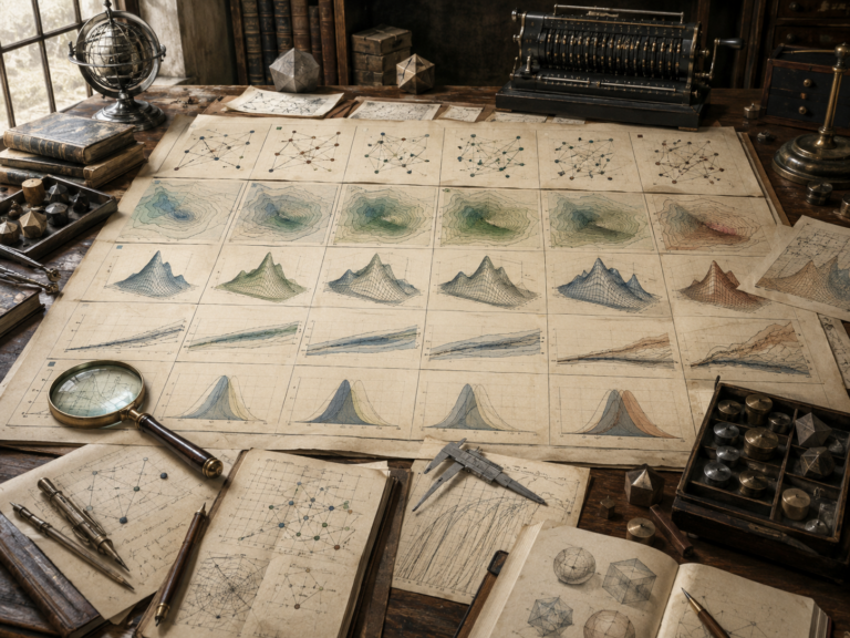 Editorial illustration of a scholarly modeling desk with repeated model outputs, parameter variations, contour maps, uncertainty bands, surface diagrams, and robustness comparison panels.