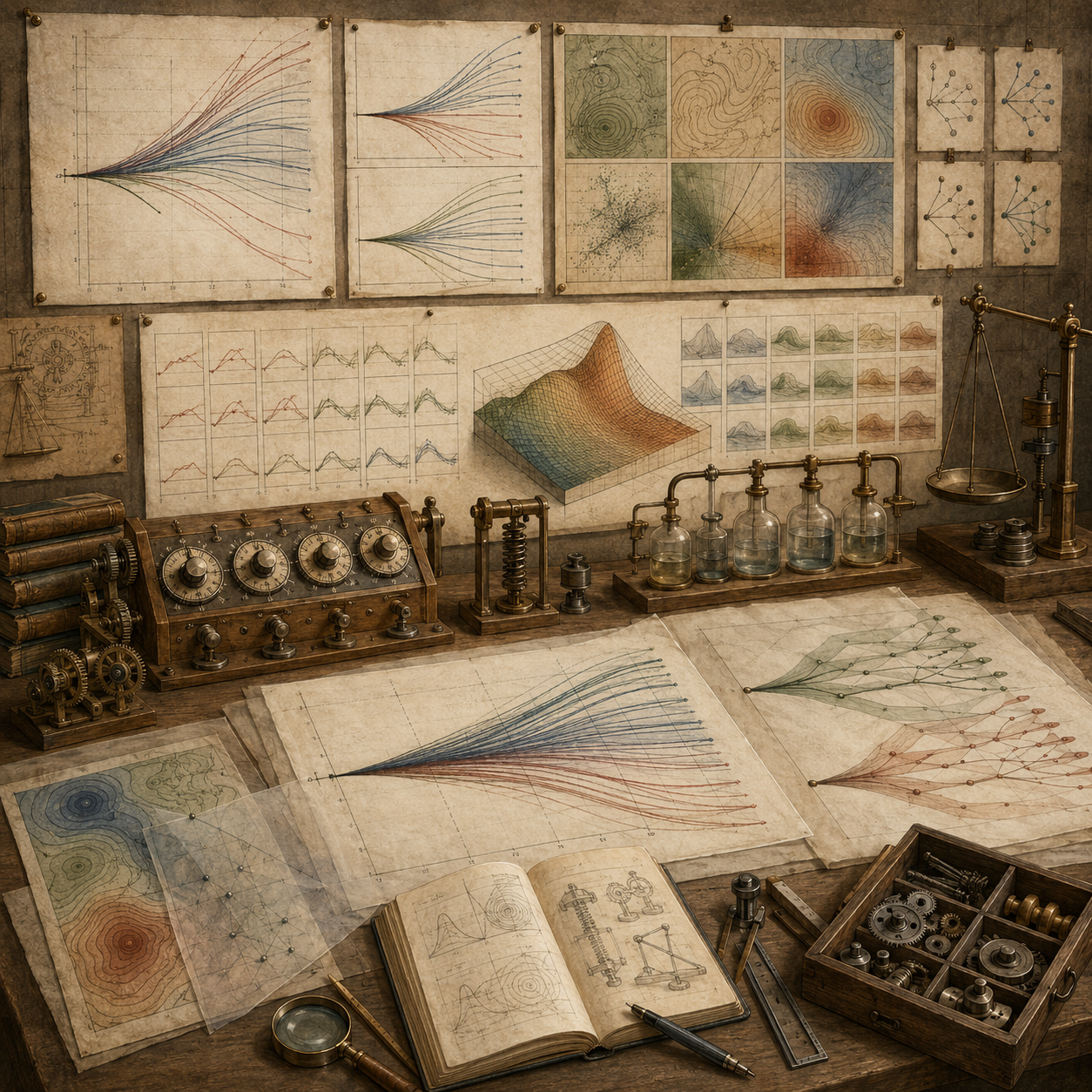 Vintage systems modeling workspace with families of sensitivity curves, response surfaces, contour maps, parameter controls, glass vessels, balances, notebooks, and drafting tools representing robustness and parameter dependence.