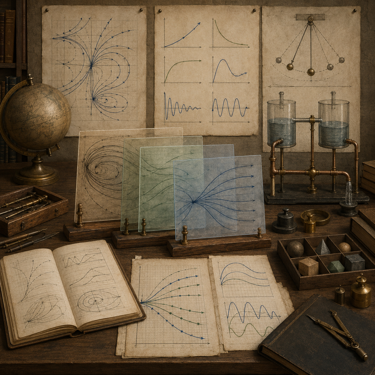 Editorial mathematical illustration of separable equations and simple dynamic laws in systems modeling, showing separated rate components, state trajectories, time axes, exponential and logistic curves, accumulation diagrams, notebooks, overlays, and computational modeling materials.