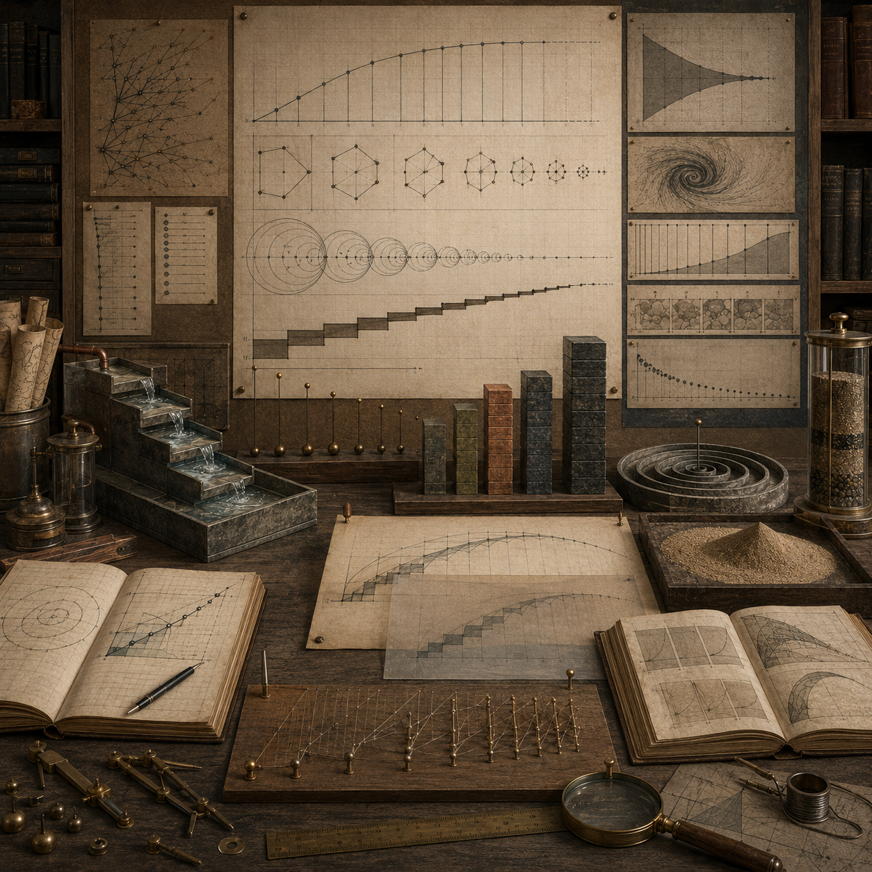 Vintage mathematical study with converging diagrams, shrinking circles, stepped accumulation models, stacked blocks, spiral forms, flowing water, notebooks, and drafting tools representing sequences, series, and convergence.