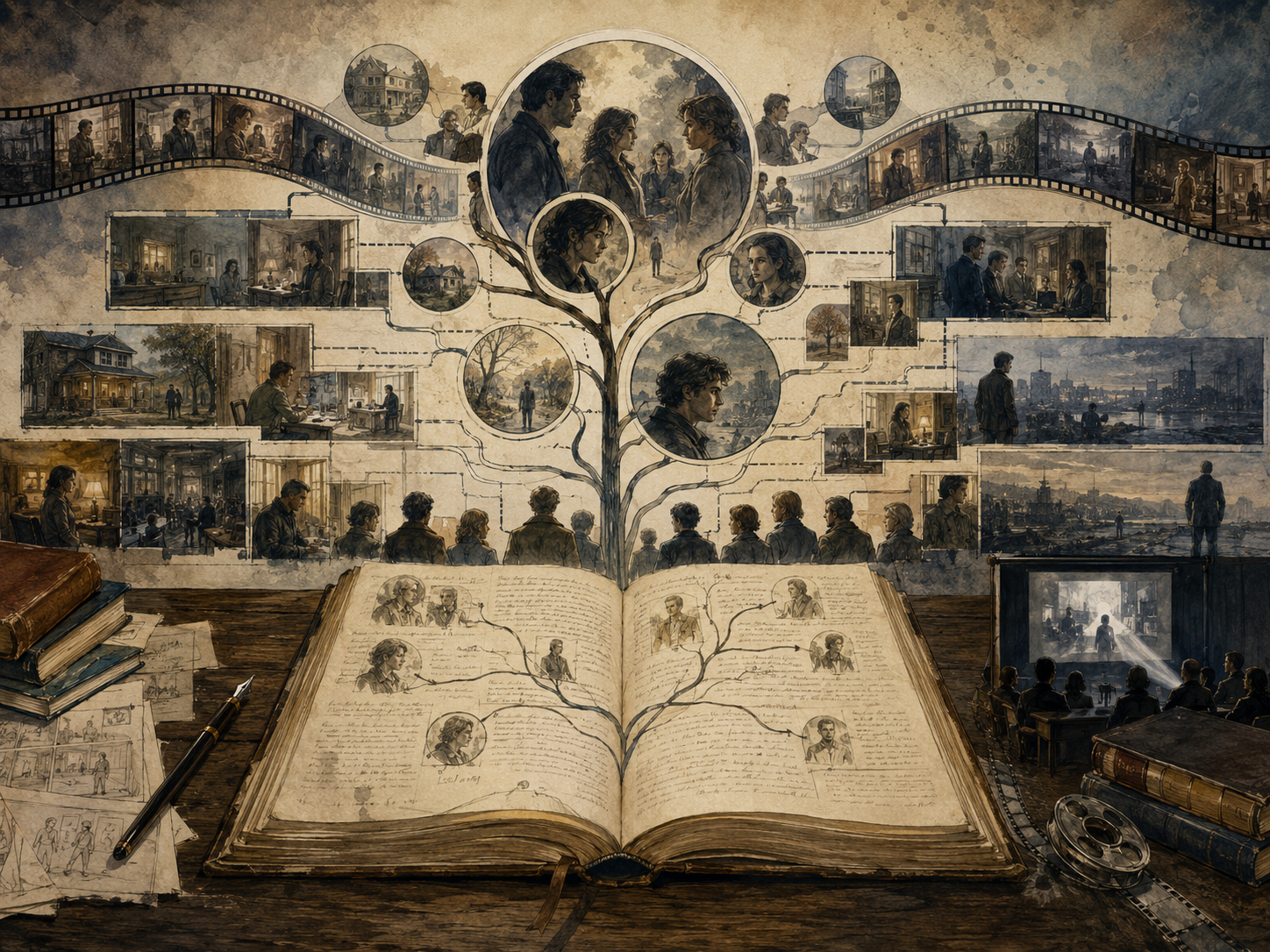 Editorial illustration of an open manuscript branching into filmstrips, episode panels, character portraits, television scenes, and long-form narrative pathways.