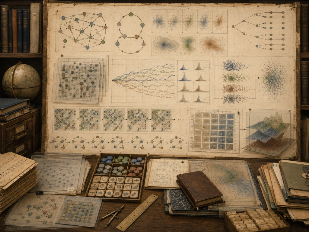 Scholarly editorial illustration of simulation as computational reasoning, showing executable models, scenario pathways, dynamic systems, parameter tables, uncertainty bands, time-step diagrams, model outputs, validation records, and governance review materials.