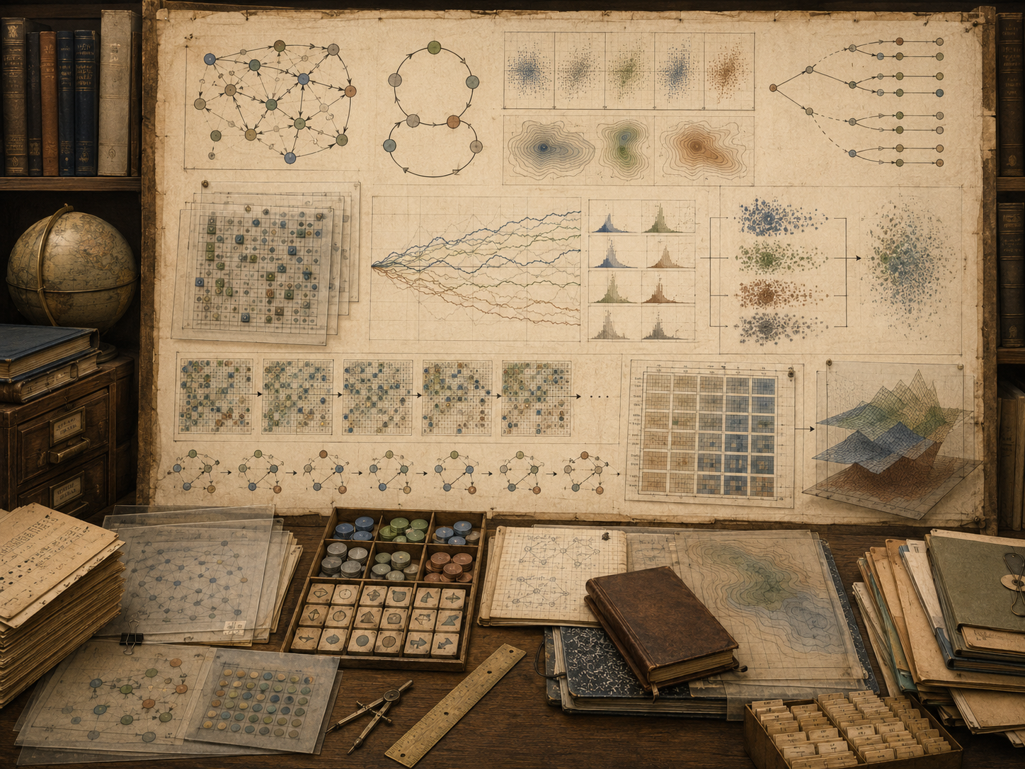 Scholarly editorial illustration of simulation as computational reasoning, showing executable models, scenario pathways, dynamic systems, parameter tables, uncertainty bands, time-step diagrams, model outputs, validation records, and governance review materials.