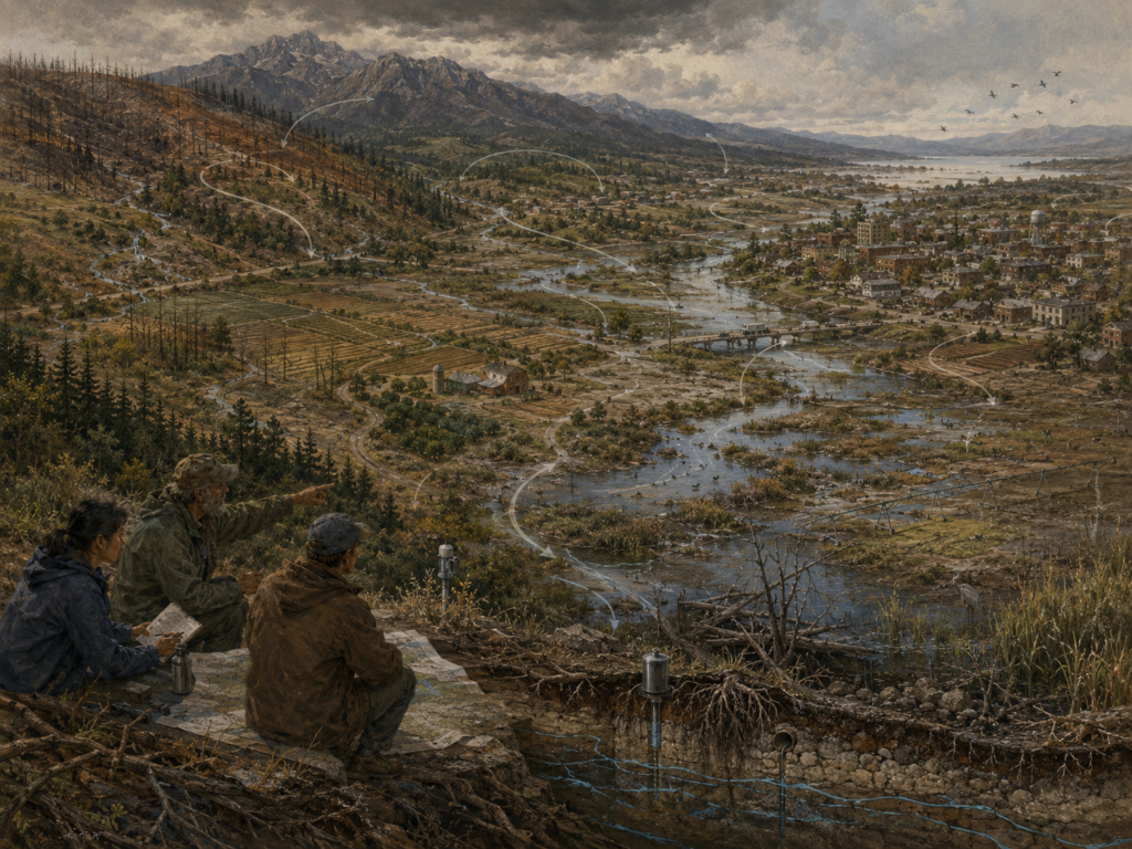 Panoramic systems illustration of a river valley where gradual hidden changes in soil, groundwater, vegetation, wetlands, farms, and infrastructure accumulate beneath visible landscape change.