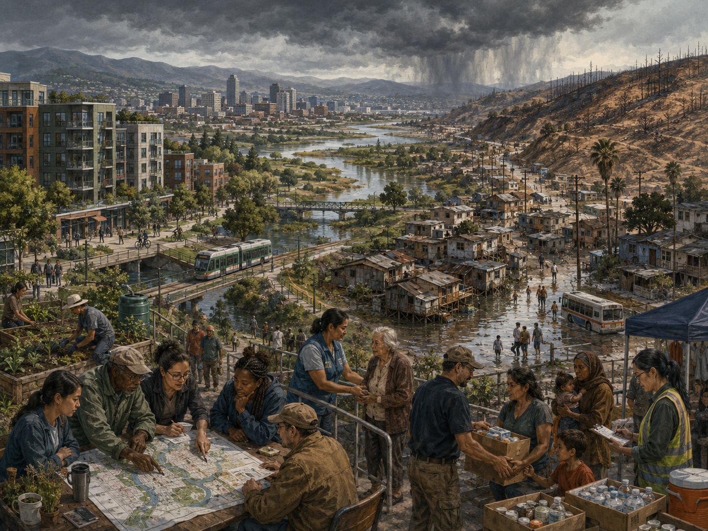 Panoramic illustration of an urban river valley where residents, responders, planners, and community groups support vulnerable neighborhoods facing flood, storm, wildfire, and infrastructure stress.