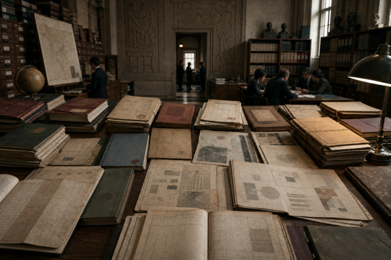 Editorial illustration of socialist and post-socialist legal traditions shown through archival legal files, constitutional documents, planning records, reform papers, administrative ledgers, institutional offices, and legal research materials.