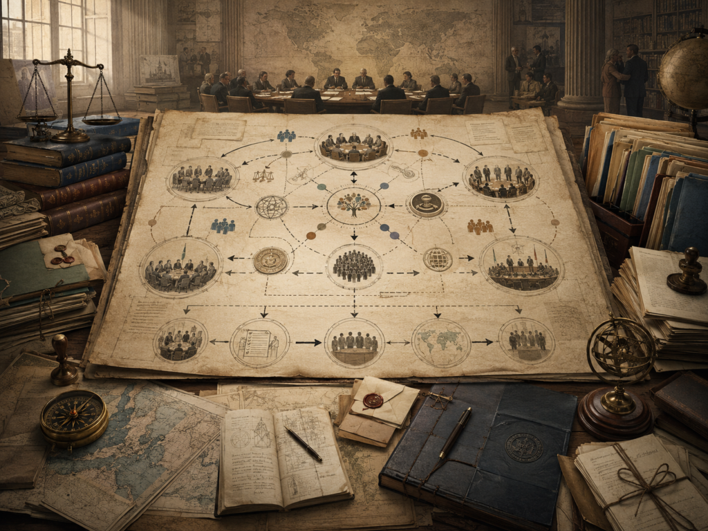 Scholarly illustration of an informal governance archive with consultation networks, institutional diagrams, diplomatic meetings, legal files, maps, seals, books, and procedural pathways representing soft law and norm development.