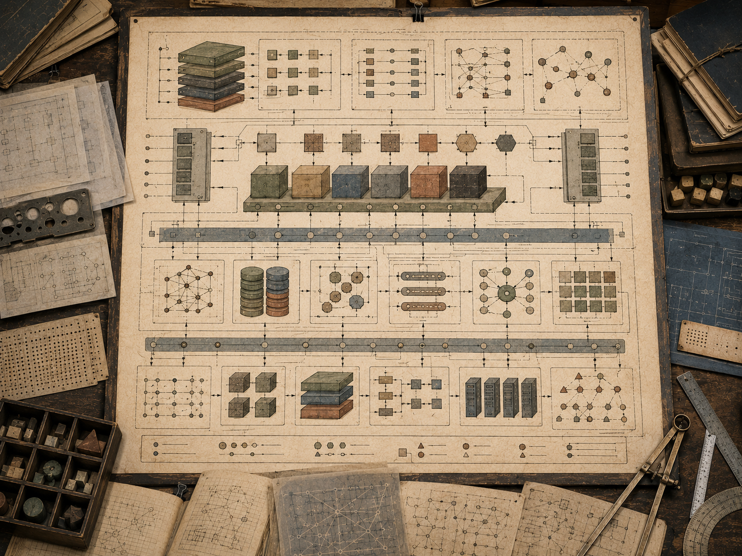 A restrained scholarly illustration of a vintage engineering desk with a large technical blueprint showing layered modules, data stores, network paths, service blocks, interfaces, and computational infrastructure without readable text.