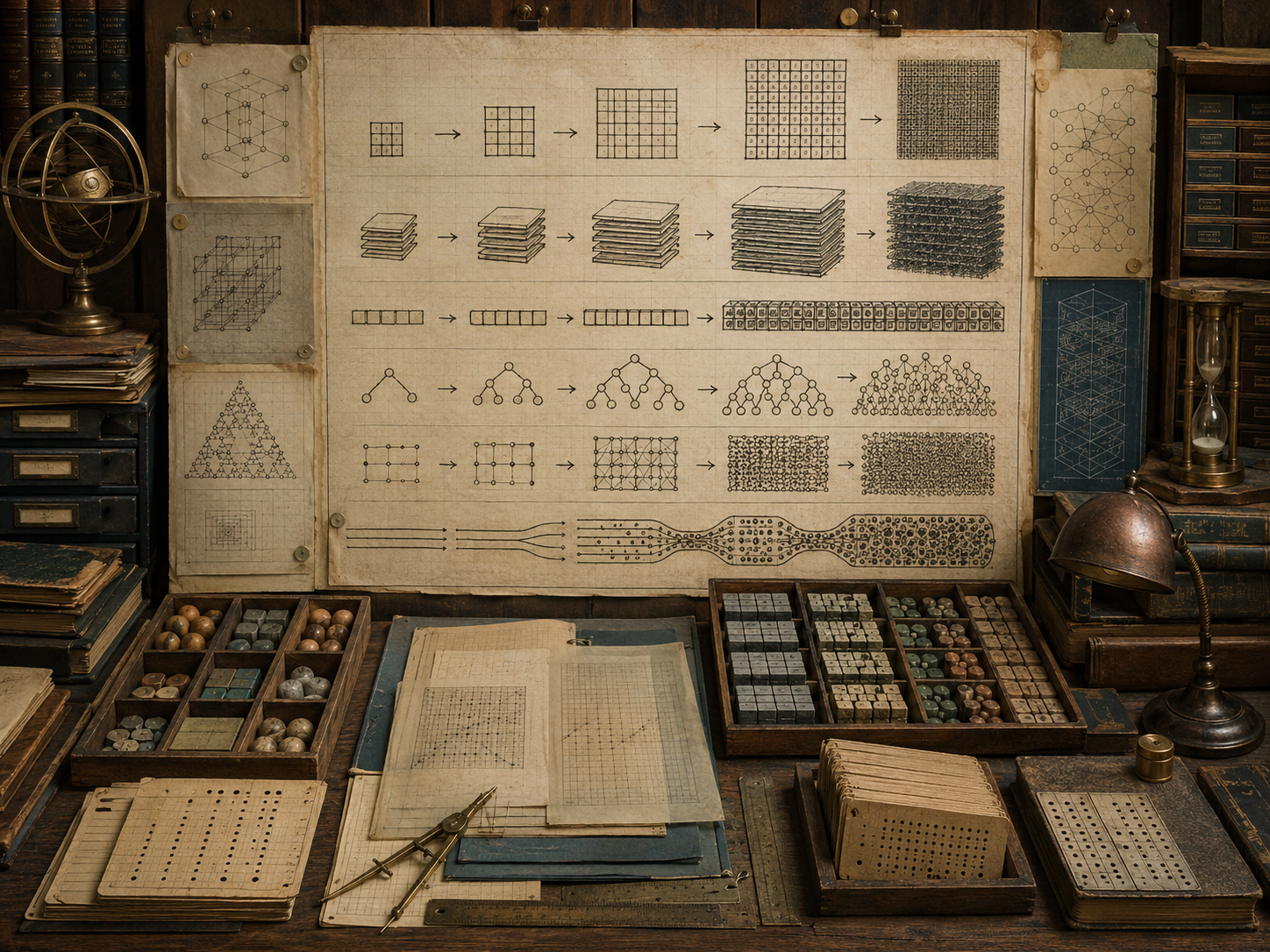 A restrained scholarly illustration of a vintage computational workspace with expanding memory grids, stacked records, dense matrices, branching structures, queues, punched cards, notebooks, and archival tools representing space complexity and resource constraints.