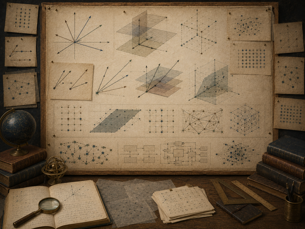 Vintage mathematical workspace with vector arrows, spanning planes, basis directions, lattice grids, point clouds, and system diagrams pinned on parchment.