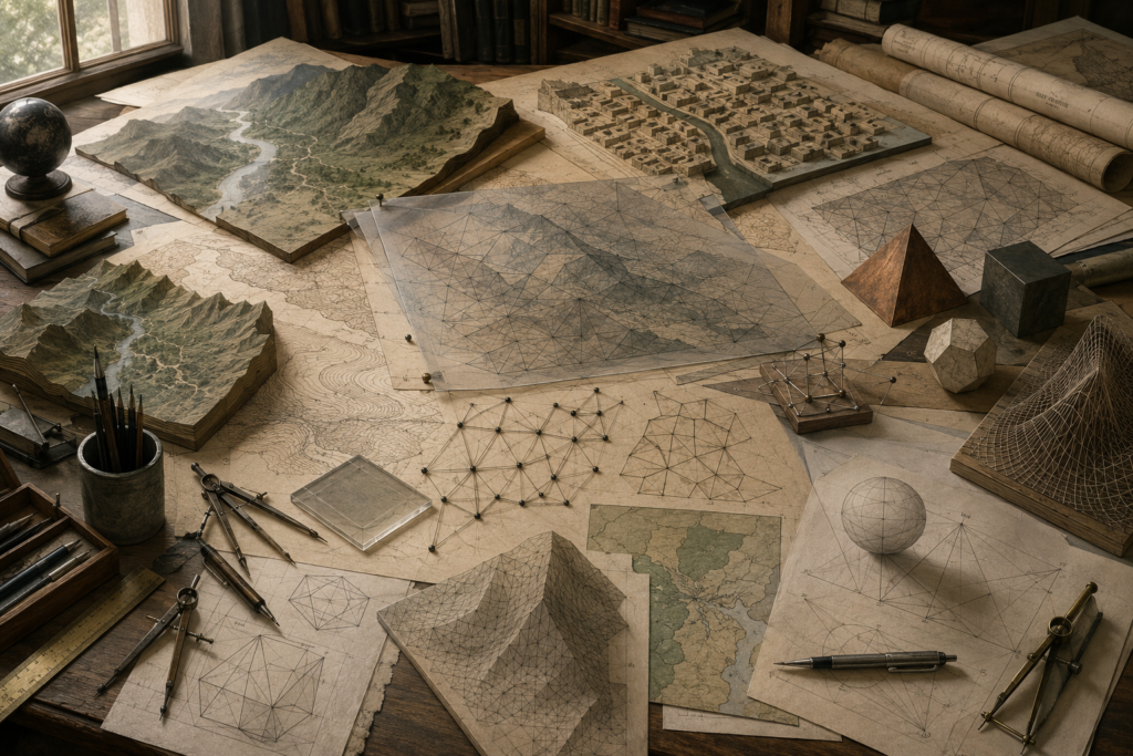 Editorial illustration of a scholarly drafting table with terrain models, maps, triangulated meshes, geometric solids, projection diagrams, and spatial representations.