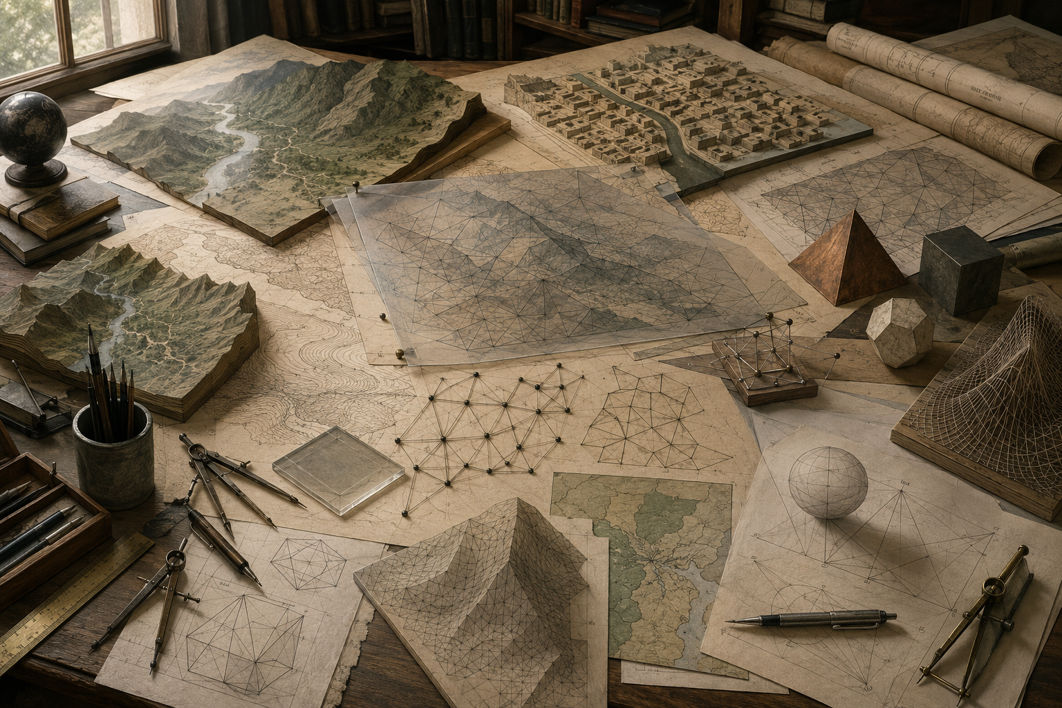 Editorial illustration of a scholarly drafting table with terrain models, maps, triangulated meshes, geometric solids, projection diagrams, and spatial representations.