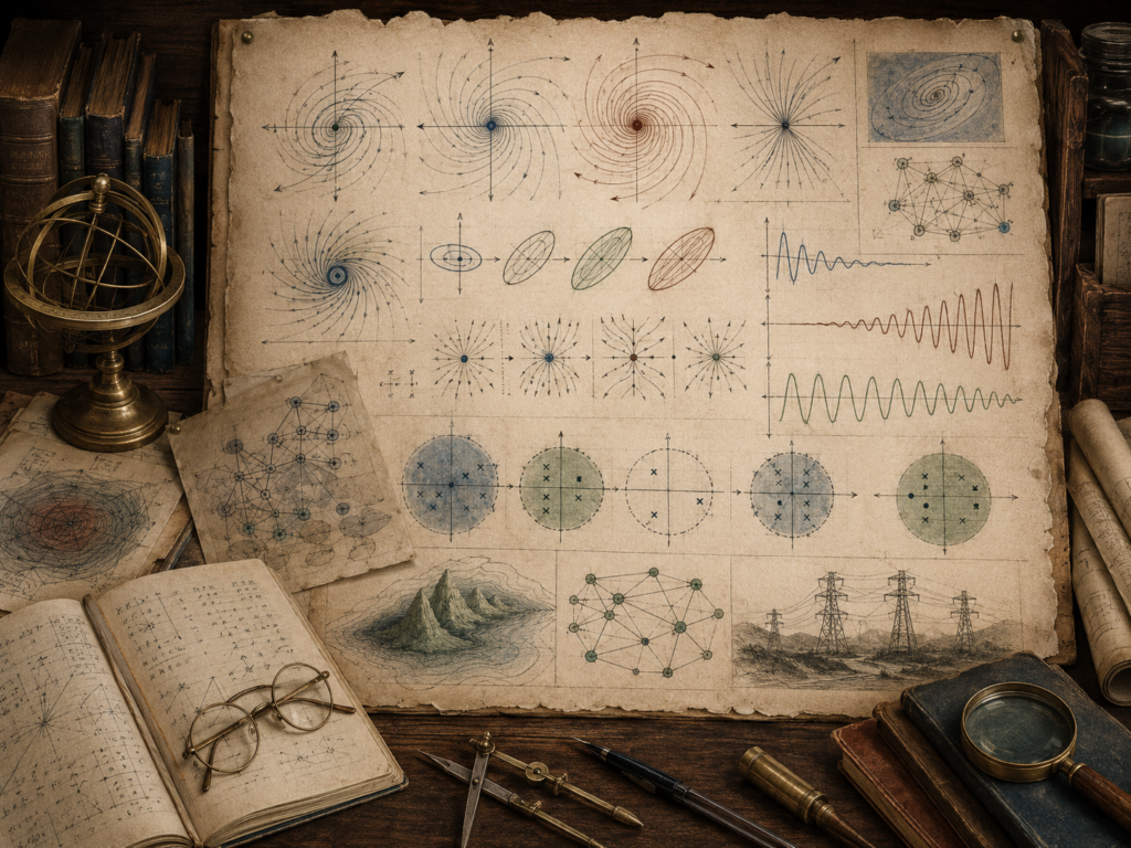 Vintage mathematical workspace with phase portraits, spirals, eigenvalue stability diagrams, oscillation curves, networks, books, and drafting tools.