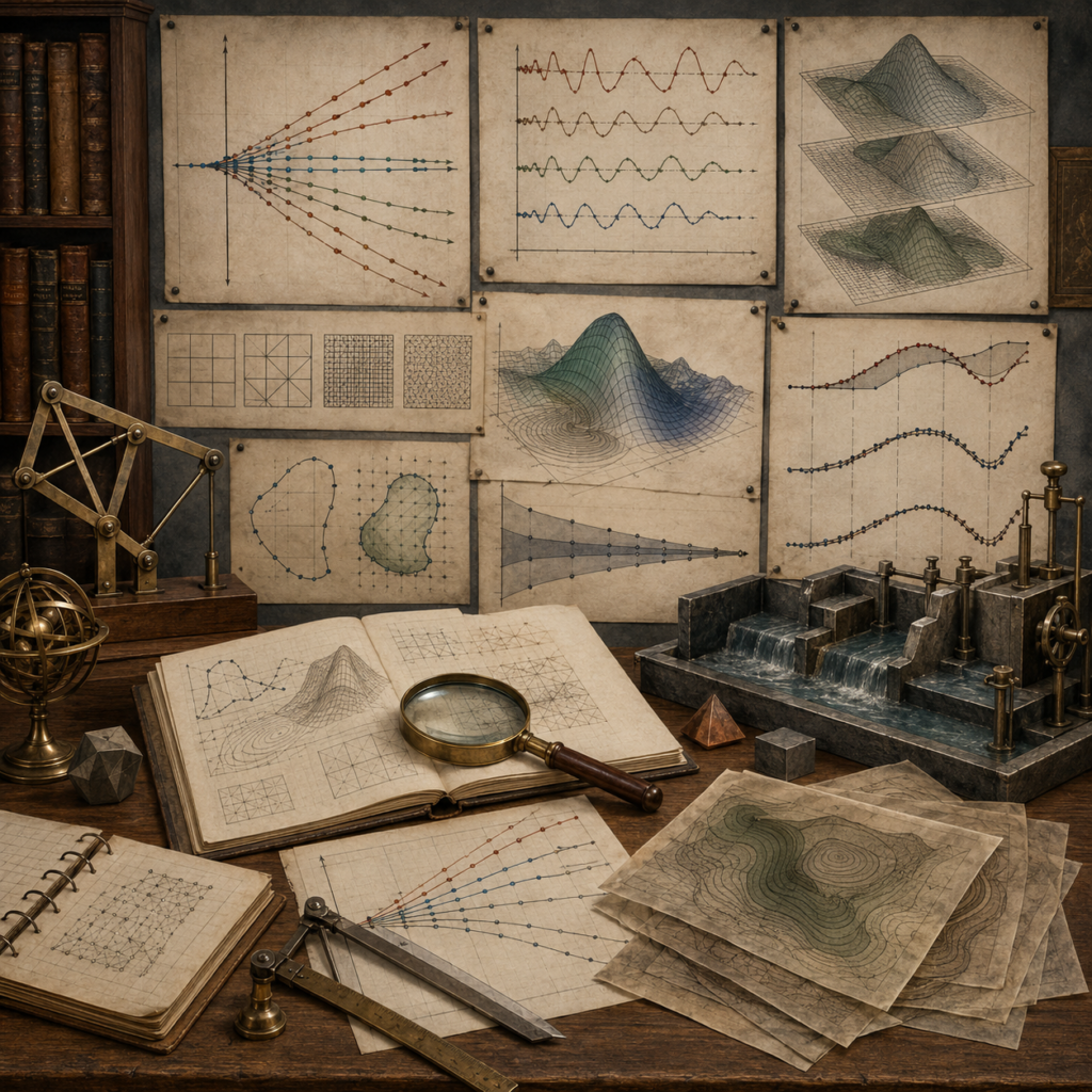Vintage mathematical modeling workspace with stability diagrams, error trajectories, converging paths, mesh grids, surface plots, water-channel models, notebooks, brass instruments, and drafting tools.
