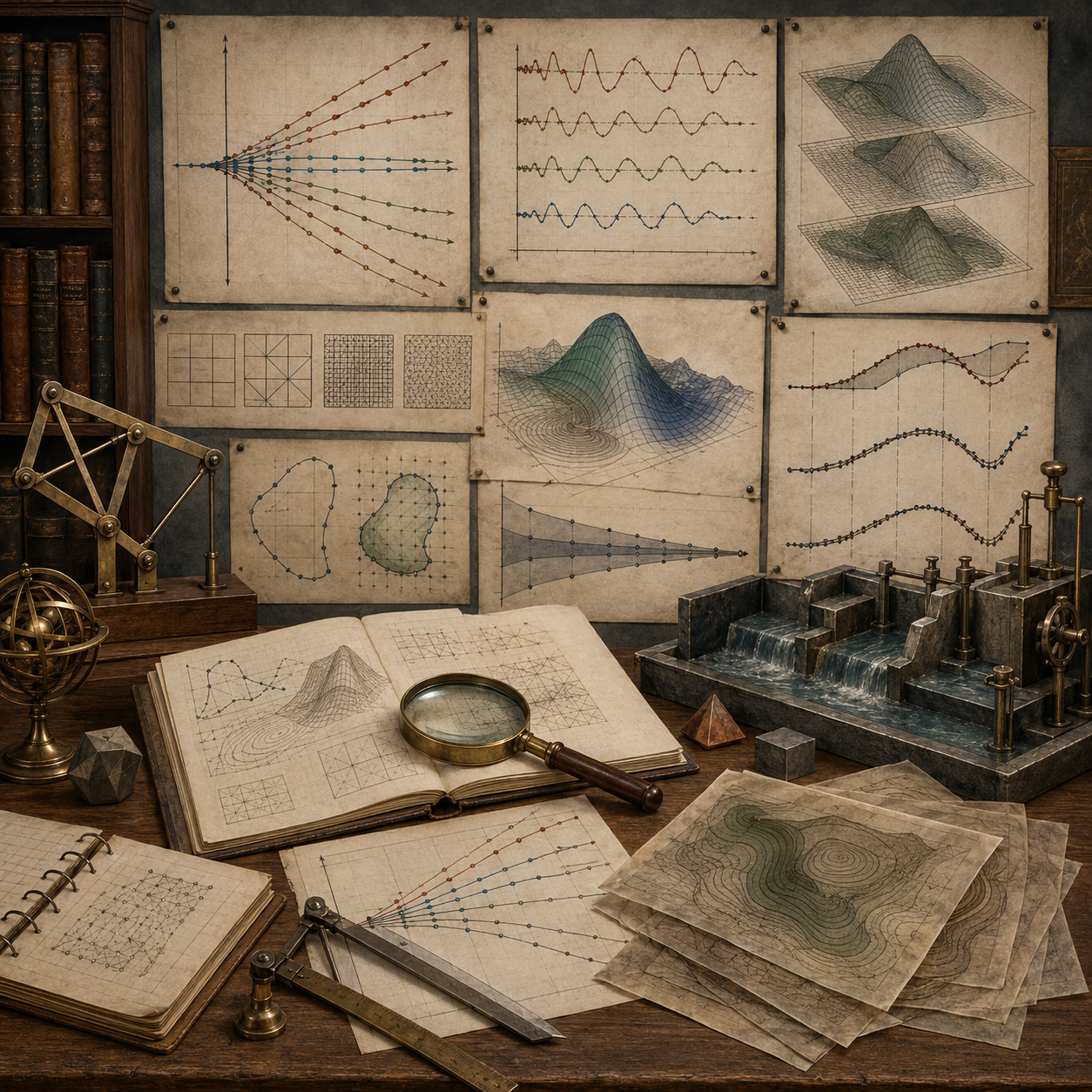 Vintage mathematical modeling workspace with stability diagrams, error trajectories, converging paths, mesh grids, surface plots, water-channel models, notebooks, brass instruments, and drafting tools.