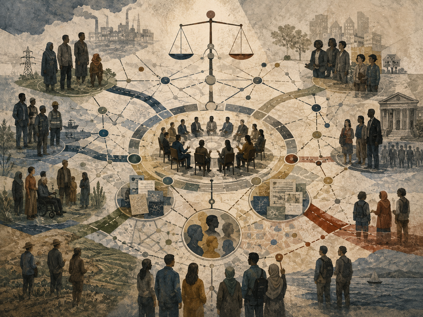 Painterly editorial illustration of stakeholder values and decision legitimacy with diverse groups, public deliberation, tradeoff scales, institutional structures, community landscapes, and connected decision pathways.