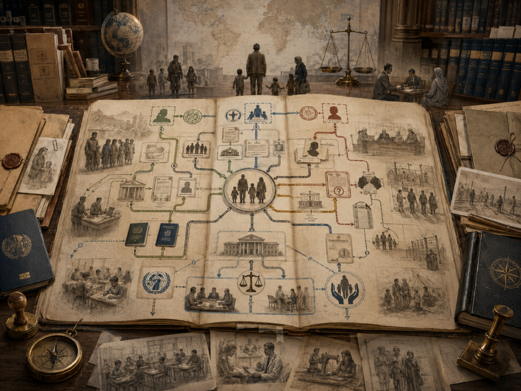 Scholarly illustration of a statelessness and nationality legal dossier with identity documents, migration pathways, family protection imagery, institutional review processes, maps, legal volumes, scales, and archival materials.
