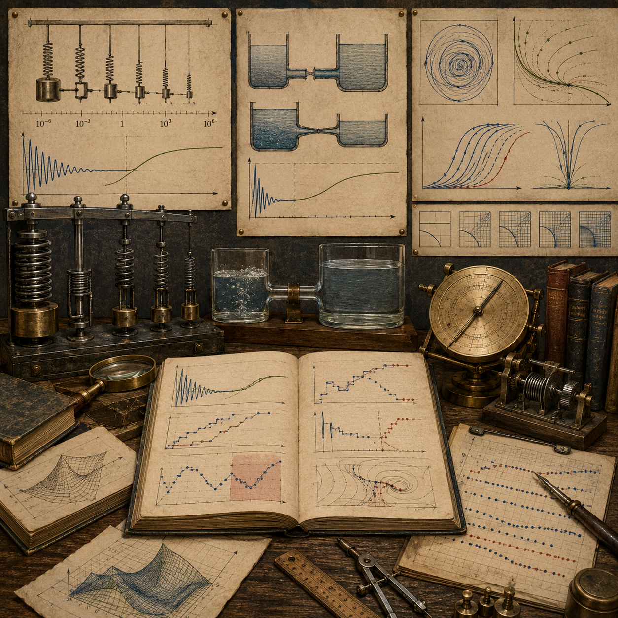 Vintage engineering and mathematical workspace with spring mechanisms, coupled reservoirs, rapidly decaying oscillations, slow response curves, phase diagrams, notebooks, gauges, and drafting tools representing stiff systems and computational difficulty.