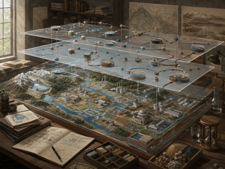 Layered systems model on a research table showing reservoirs, waterways, storage basins, settlements, warehouses, fields, and translucent analytical planes with directional flows and accumulation markers.