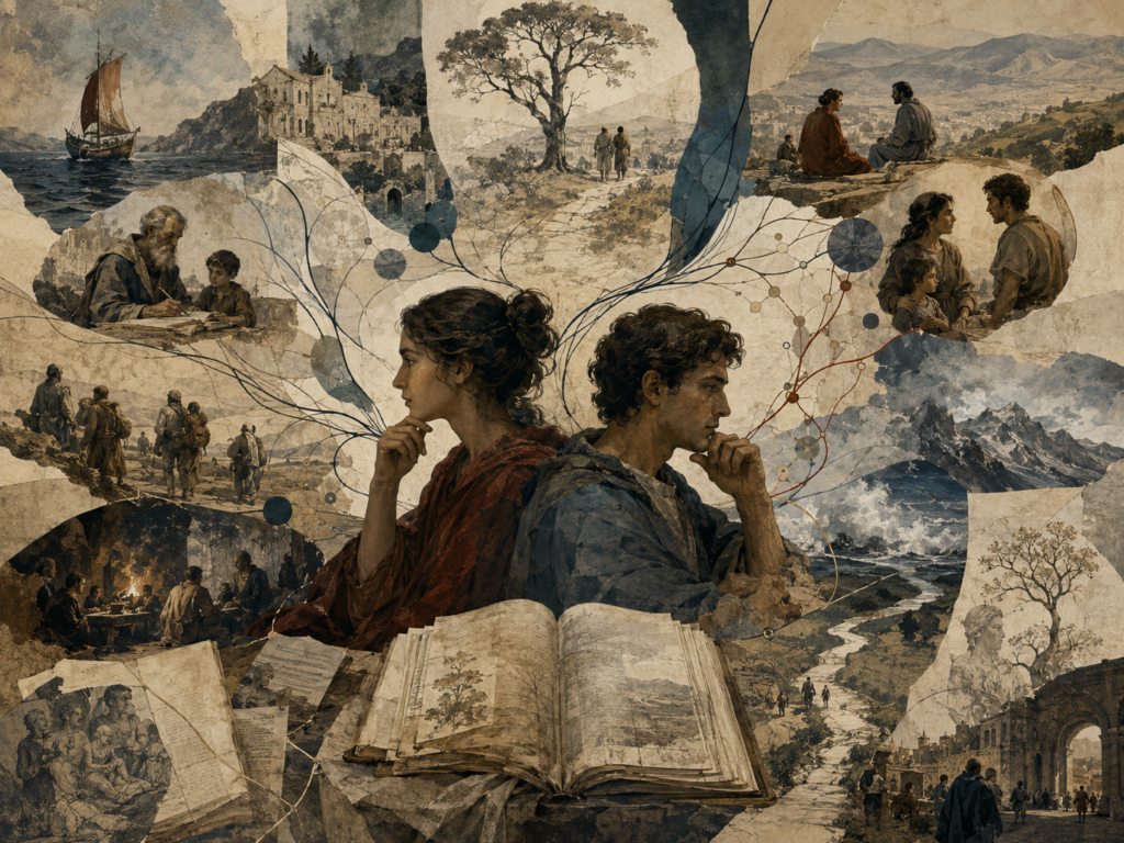 Editorial illustration of two contemplative figures surrounded by connected scenes of memory, experience, landscapes, and human relationships.